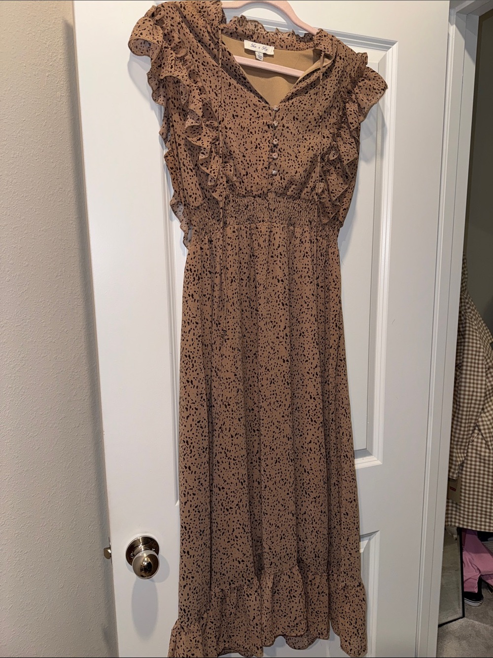 She + Sky Brown Speckled Ruffle Maxi Dress